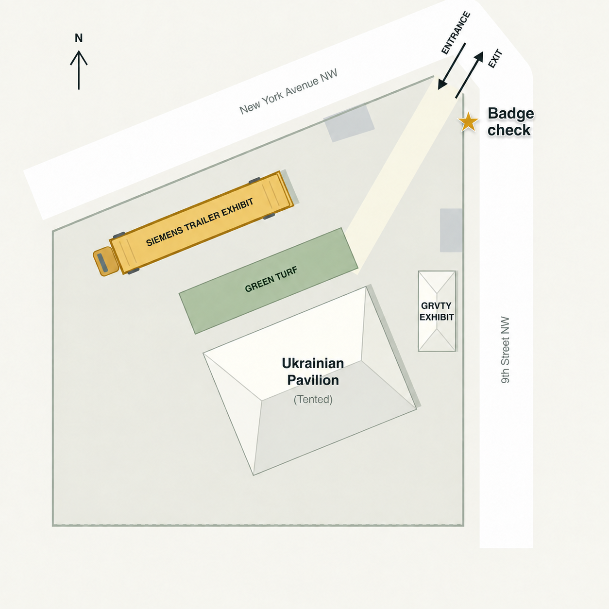 North-up outdoor exhibit layout showing the corner entrance and exit, badge check, a straight aisle to the green turf, the Siemens trailer exhibit to the north and the tented Ukrainian Pavilion to the south.