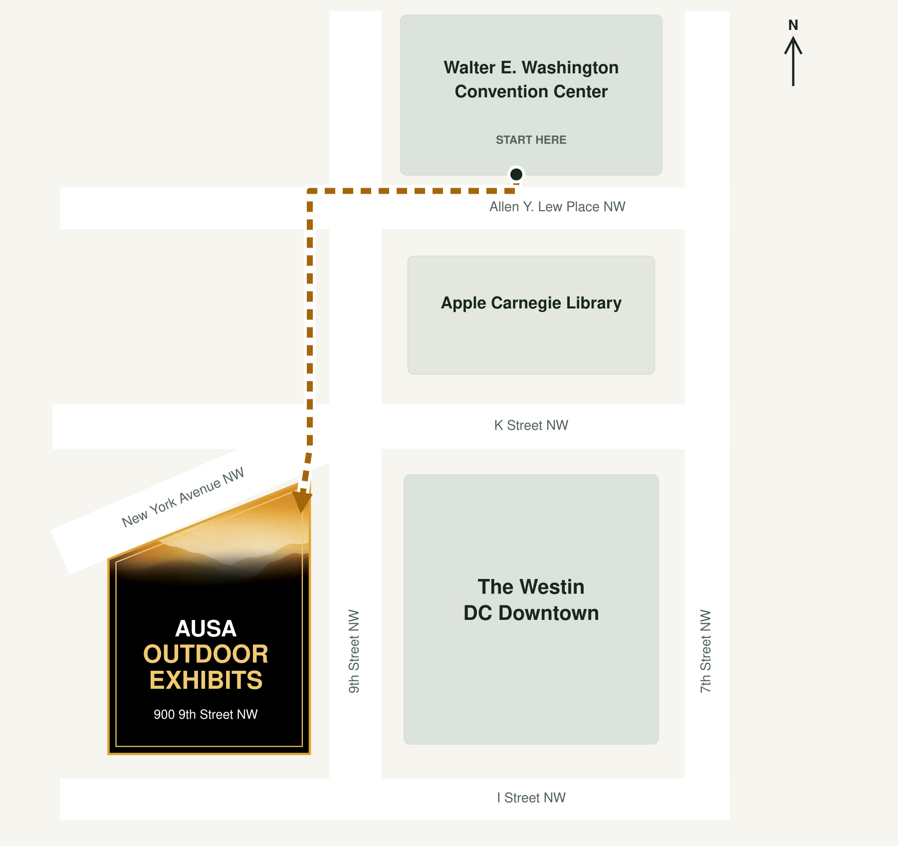 Walking route from the Walter E. Washington Convention Center, west along Allen Y. Lew Place NW and south toward the outdoor exhibits at 900 9th Street NW, passing Apple Carnegie Library.